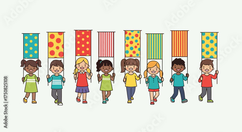 Group of diverse cheerful children parading with colorful patterned flags, representing unity and