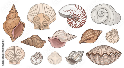 Collection of Assorted Seashells and Marine Mollusk Shells.