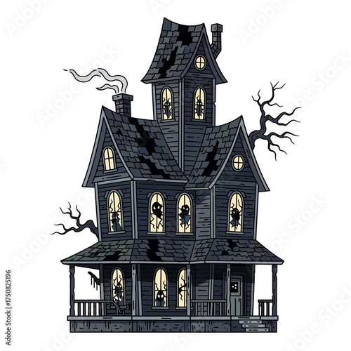 Spooky Haunted Mansion with Silhouettes in Windows and Twisted Trees Under a Cloudy Sky Perfect for Halloween Decorations and Spooky Themed Designs