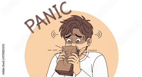 Man experiencing a panic attack, hyperventilating into a paper bag, isolated on transparent background