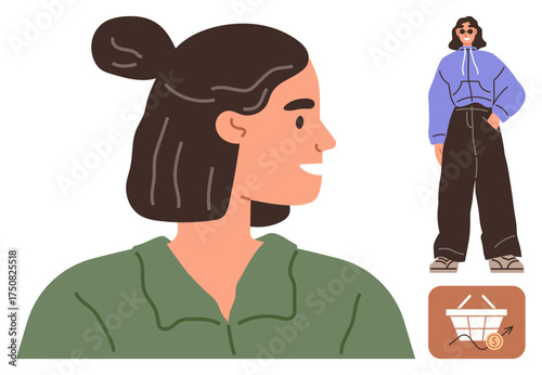 Profile face of a woman with tied hair, a smaller style model wearing a trendy outfit, and an online shopping cart icon. Ideal for fashion, e-commerce, profiles, shopping, trends, digital catalogs