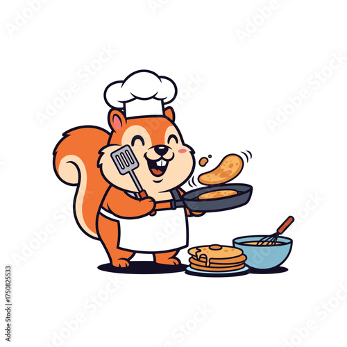 Adorable cartoon squirrel chef joyfully flipping pancakes in a frying pan with a stack of delicious pancakes ready vector