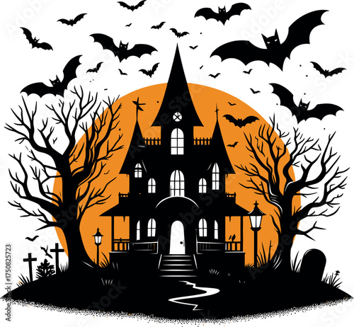 Halloween background with pumpkins and haunted house