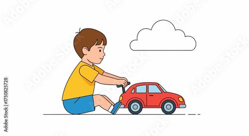 Childhood dreams a little boy plays with a red toy car under a fluffy cloud bringing happiness and