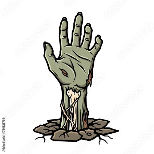 Creepy zombie hand emerging from the earth with decaying flesh and visible bone structure against a stark white background, perfect for