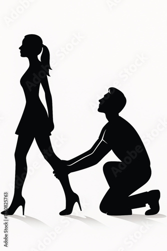 Vector Silhouette of a Couple's Breakup: Man Kneeling, Grasping Woman's Leg as she walks away. Relationship crisis and emotional plea.. Adobe Illustrator Artwork