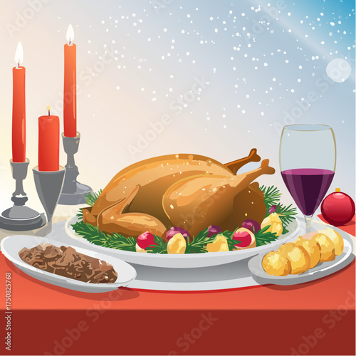 Festlicher Gänsebraten mit knuspriger Haut, serviert auf einem edlen Weihnachtstisch mit Rotkohl, Kartoffelknödeln