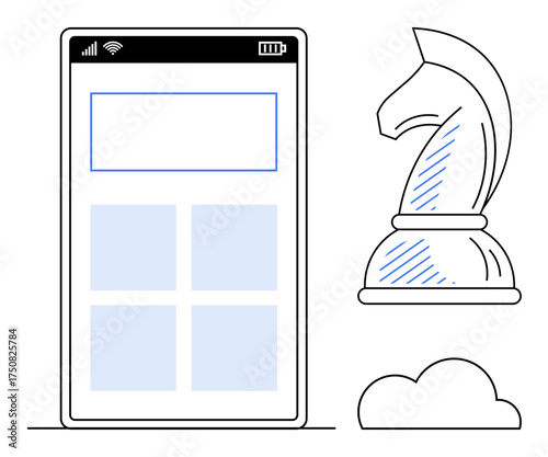 Mobile phone screen with app layout alongside chess knight for strategy and cloud element for data. Ideal for tech planning, strategy development, digital transformation, innovation, cloud computing