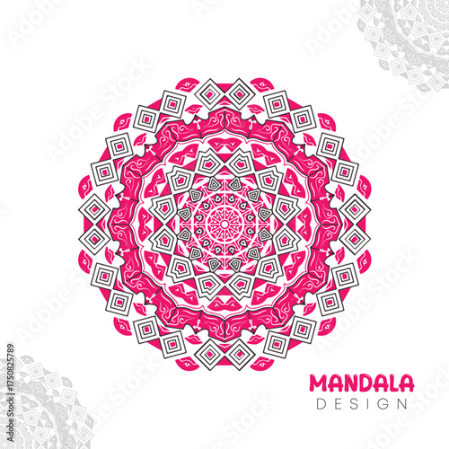 Intricate pink mandala design with geometric patterns and floral elements on white background