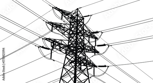 High voltage electricity transmission tower with power lines, metal lattice structure, energy infrastructure, industrial engineering, utility grid distribution system illustration