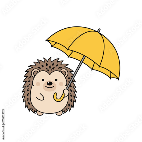 Adorable cute hedgehog holding a yellow umbrella for protection against rain or sun vector