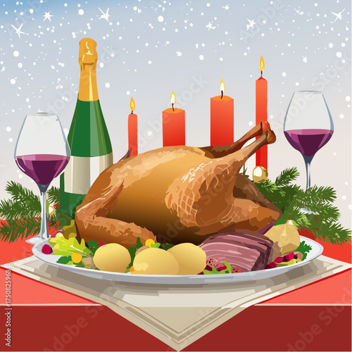 Festlicher Gänsebraten mit knuspriger Haut, serviert auf einem edlen Weihnachtstisch mit Rotkohl, Kartoffelknödeln