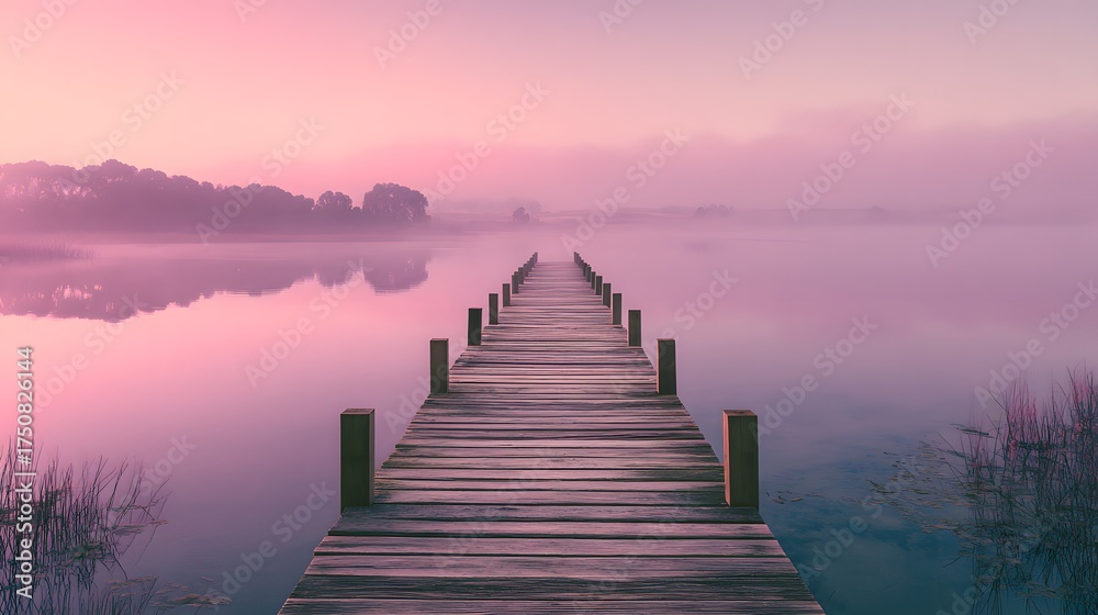 Obraz premium A wooden pier extends across a serene lake during a soft pink foggy sunrise.