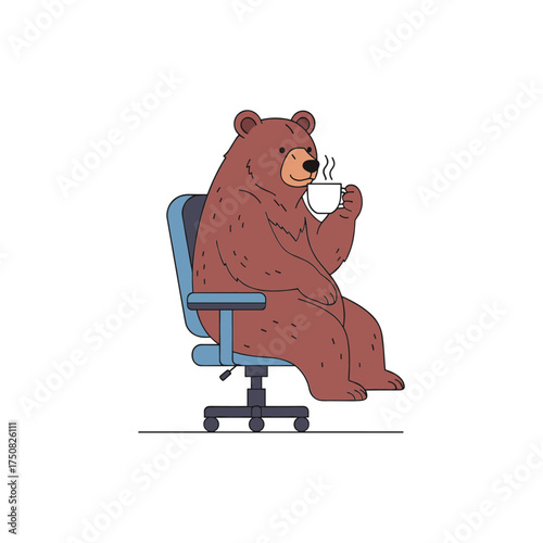 Amusing brown bear sitting in office chair enjoying a cup of coffee with steam rising vector