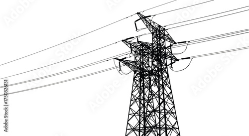 High voltage electricity transmission tower with power lines, lattice steel pylon structure, energy distribution infrastructure, industrial grid system illustration vector