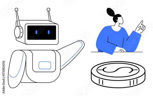 Human pointing at a friendly robot next to a digital coin. Ideal for AI, automation, fintech, cryptocurrency, innovation, human-robot connection, and technology. Simplistic flat metaphor