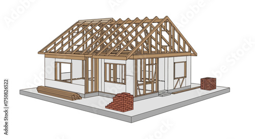 Construction of a residential house with visible wooden frame and roof structure.