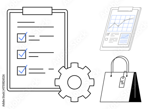 Checklist on clipboard, analytics report on clipboard, gear, and shopping bag with price tag. Ideal for business planning, workflow, task organization, analytics shopping marketing retail. Simple