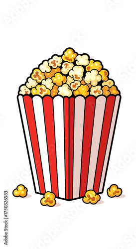 A bucket of popcorn with some kernels scattered around.