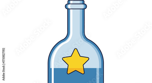 A clear glass bottle with a yellow star inside filled with blue liquid.
