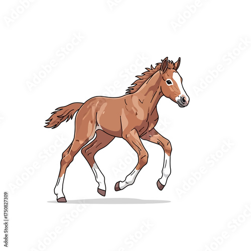 A cute brown horse foal running in a field.