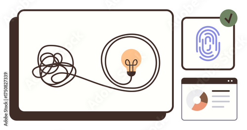 Tangled line leading to a lightbulb, fingerprint, and pie chart representing security, innovation, and data. Ideal for problem-solving, creativity, organization, idea generation solutions data