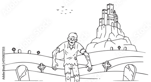 A zombie emerges from a graveyard with a castle in the background isolated on transparent background