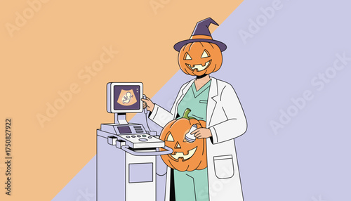 Halloween medical professional with pumpkin head and pregnant belly performs ultrasound on fetus