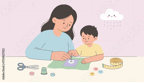 Mother and child sewing together learning a craft Family bonding hobby and handmade joy