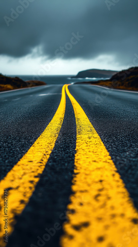 Winding coastal road with yellow striped markings under a cloudy sky