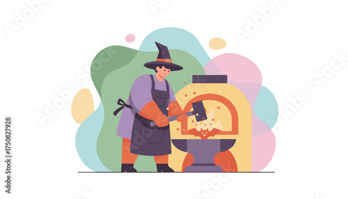 Mystical witch blacksmith forging a glowing bat in a fiery furnace ideal for Halloween themes