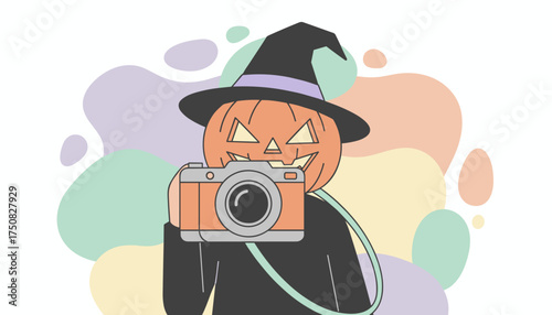 Spooky pumpkin character in a witch hat taking photos Fun Halloween creative concept for celebrations