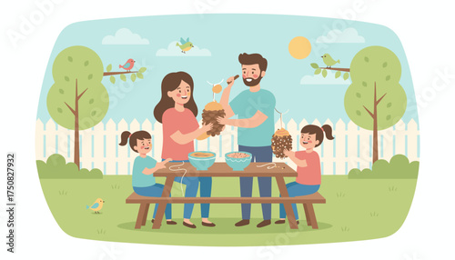 Happy family making pinecone bird feeders in a sunny backyard Fun activity nature connection