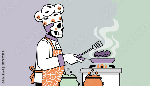 Festive skeleton chef cooks spooky bat food for Halloween celebrations with bubbling cauldrons