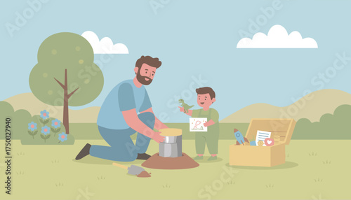 Father and son burying a time capsule in a park cherishing memories and planning future