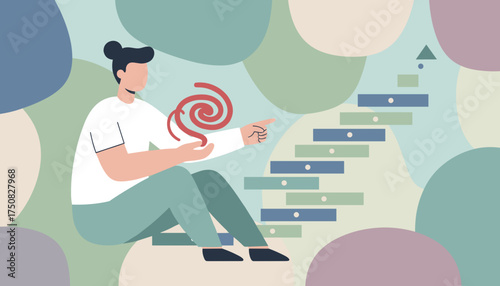 Person guides a spiraling path towards growth and success on a colorful abstract background