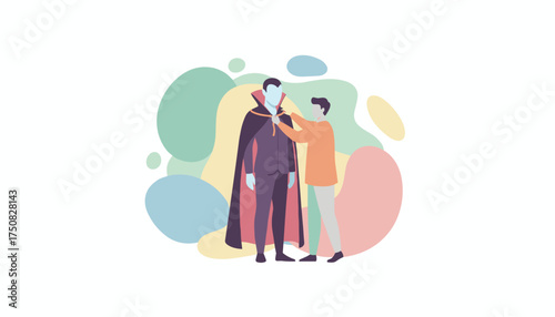 Man adjusts vampires cape Halloween costume preparation roleplaying spooky event concept