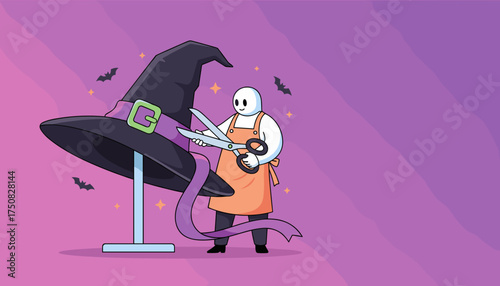 Friendly character preparing a witch hat with scissors and ribbon for festive Halloween celebration