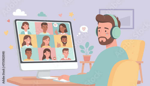 Man cries during a virtual meeting feeling lonely despite online connection Remote work concept