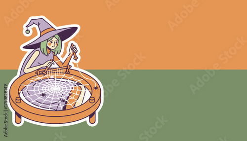Whimsical witch weaving a spooky spiderweb with spiders on a loom Halloween concept