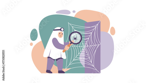 Curious investigator in Arab attire uses a magnifying glass to examine a spider on its web