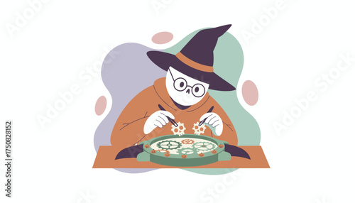Wizard assembling magical gears and pumpkins intricate Halloween creative process fantasy engineering