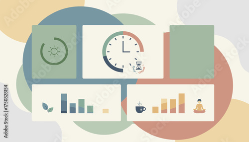 Daily routine time management and wellness illustration for balance productivity and selfcare