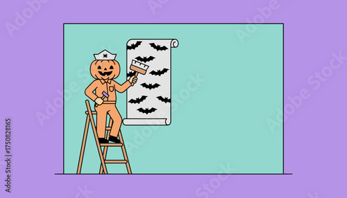 Pumpkinhead character decorating a wall with batpatterned wallpaper for Halloween festivities