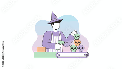 Witch scanning colorful skulls on a conveyor belt for Halloween inventory management or retail