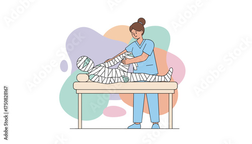 Physiotherapist assists bandaged patient on examination table for rehabilitation therapy Healthcare concept