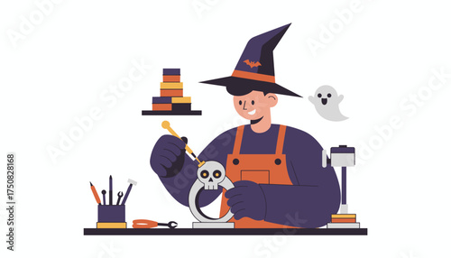 Happy person in witch hat crafts Halloween skull decoration with a friendly ghost nearby Holiday preparation