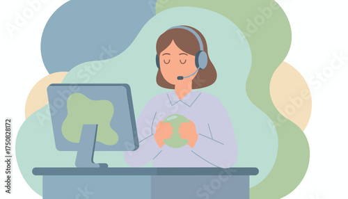 Calm customer service representative on headset holding stress ball at desk