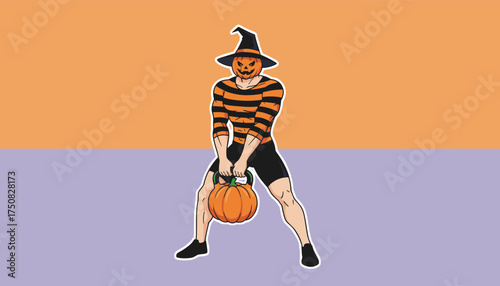 Muscular person with pumpkin head and witch hat doing a workout with a pumpkin kettlebell Halloween fitness concept