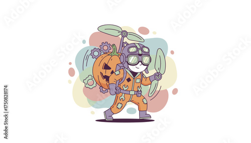 Cartoon character in pilot gear with pumpkin jetpack Halloween creativity engineering fun